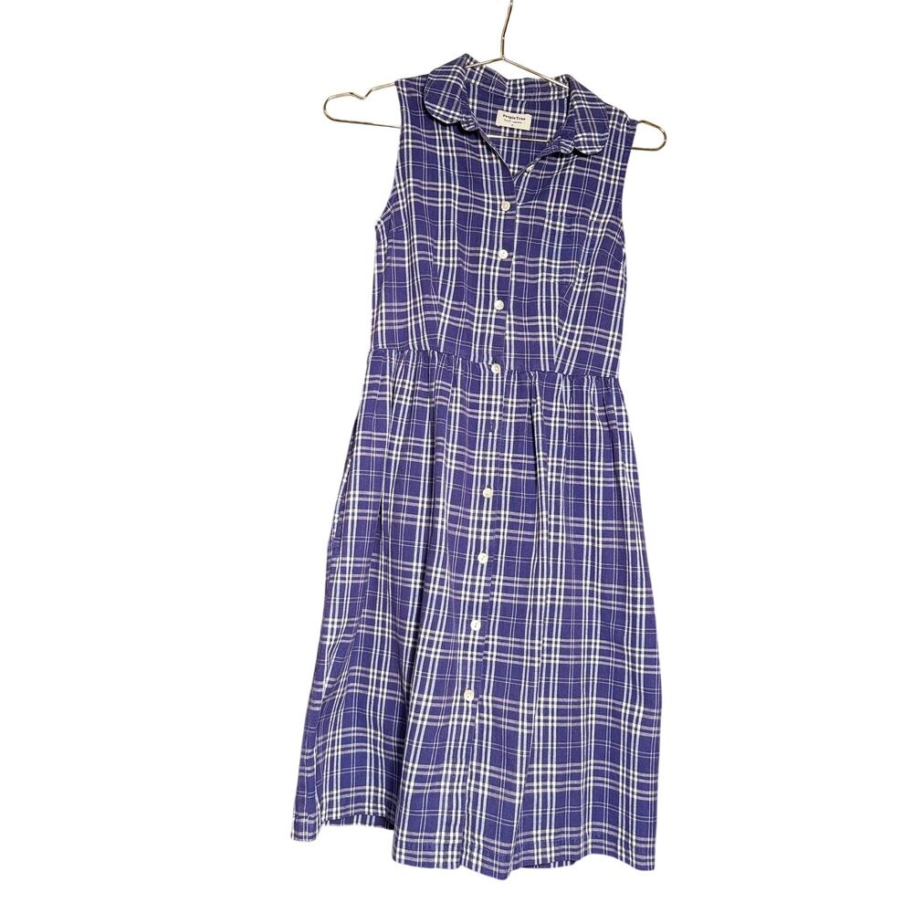 People Tree Purple Plaid Sleeveless Midi Dress Button Front Cotton Boho Small